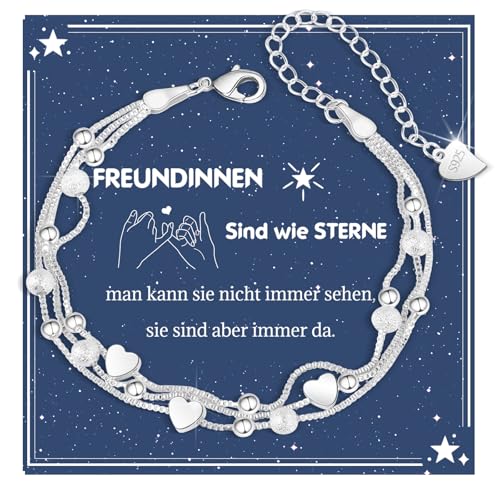 CheersLife Beste Freundin Geschenke,Armband Silber 925 Damen Herz 3-Lagige Kette Armbänder,Geschenke für Freundin, Geburtstagsgeschenk für Frauen, Personalisierte Geschenke - Weihnachten