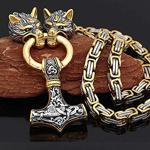 QQTQQ Männer Viking Wolf Kopf Anhänger Thors Hammer Halskette, Retro nordischen Edelstahl Amulett Schmuck, handgemachte schwere Königskette,Gold-50cm