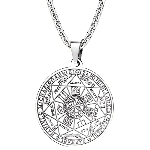 JeweBella Halskette Herren 7 Erzengel Siegel Medaille Talisman Halskette für Männer Frauen Edelstahl Pentagramm Talisman Anhänger Amulett Magische Schutzkette Männlicher Schmuck Glücksbringer