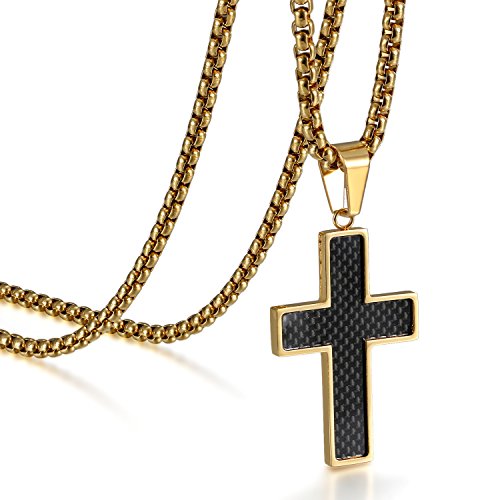 JewelryWe Schmuck Herren Halskette, Edelstahl Kohlenstoff Faser Kohlefaser Anhänger Kruzifix Kreuz mit 56cm Kette, Gold Schwarz