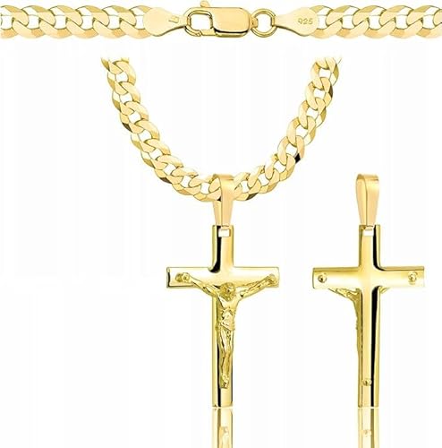 Amor Luxury goldkette herren mit kreuz 585, Kette Herren 925/585 - kreuz kette herren gold 585 massiv - 5 mm, Kreuz Kette 70 cm - Goldkette Kreuzkette - Halskette Herren Panzerung