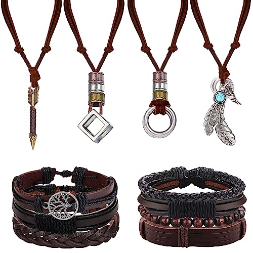 Kakonia 11Stück Lederarmband Lederkette Herren Damen Schmuck Set Geflochtene Boho Ethnische Wickelarmband Handgefertigte Manschette Verstellbare Türkis Armbänder Halskette