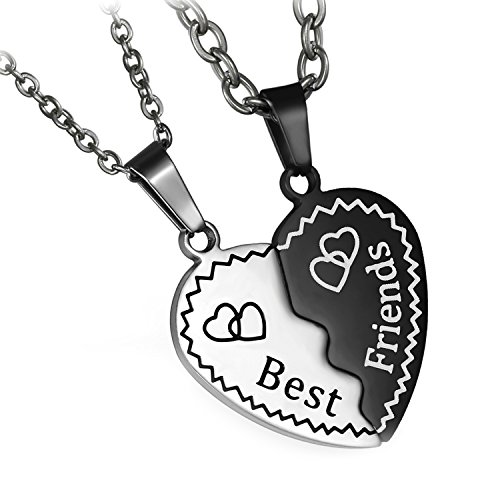 Flongo BFF kette für 2 Herz freundschaftskette beste freunde geschenke Edelstahl Halskette Herz Puzzle schwarz silber mit Gravur best friends günstig Geschenk für Freundin Tochter Mädchen