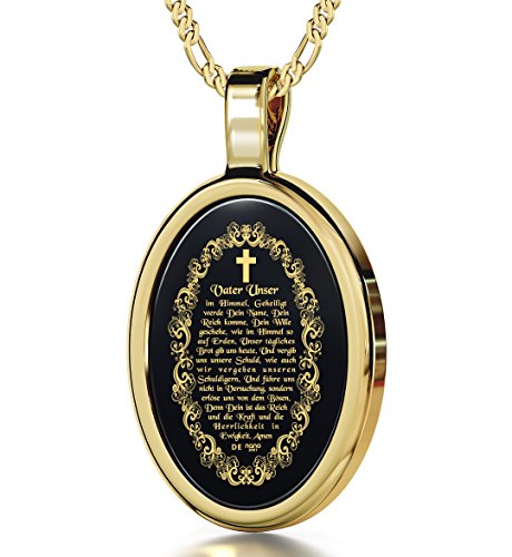 Nano Schmuck 14k (585) Gelbgold Halskette Kreuz und Vater Unser Graviert auf Deutsch mit 24k Gold auf 15x21mm Schwarzem Onyx Anhänger, 45cm Gold-filled Kette