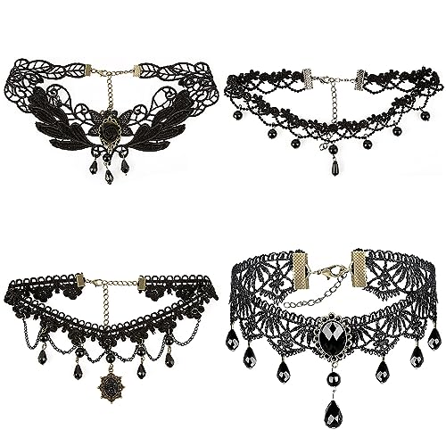 BOFUNX 4 Stück Choker Halskette Set Damen Gothic Schwarz Spitze Kette Vintage Choker Halsband für Halloween Maskerade Karneval Fasching