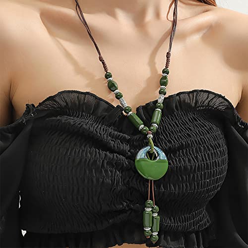 Bysonglezai Halskette Damen Anhänger Geschenk Langkettige Necklace Vintage Ethno-Stil Pullover Kette Seil Keramik Halskette Für Frauen Schmuck Weibliche Anhänger Halskette Greennecklace