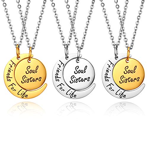 JewelryWe Beste Freunde Halskette Edelstahl: 6PCS Freundschaftsketten Partner Paar Kette mit Gravur Friends for Like Soul Sisters Mond Runde Kreis Anhänger Geschenk für Schwester Familie Gold Silber