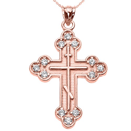 Damen Anhänger Halskette 14 Karat Rotgold Zirkonia Orientalisch Orthodox Kreuz (Kommt mit einem 45cm Kette)