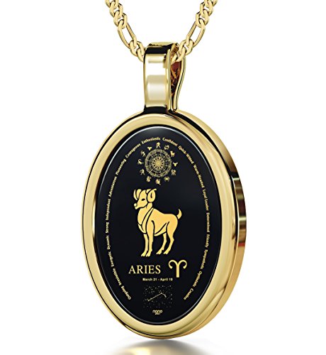 14k (585) Gelbgold Horoskop Halskette Sternzeichen Widder Graviert mit 24k Gold auf 15x21mm Schwarzem Onyx Anhänger, 45cm Gold-filled Kette