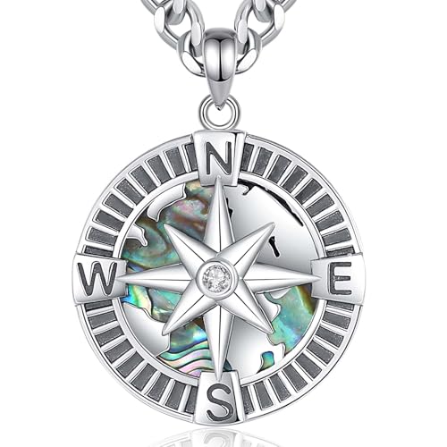 INFUSEU Kompass Kette, 925 Sterling Silber Anker Campass Anhänger Reisekarte Denkender Schmuck Nordstern Wikinge Surfkarte Abalone Muschel Outdoor Reisegeschenke für Männer Frauen