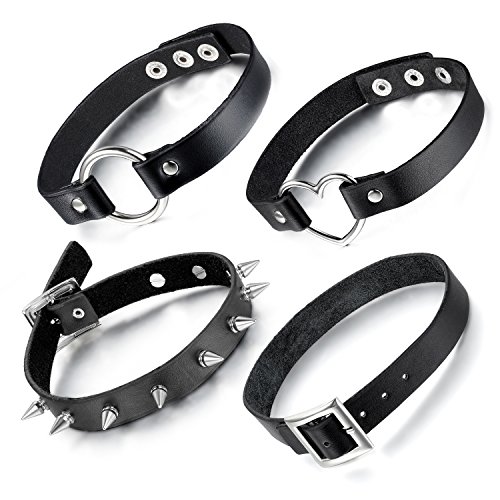 Aroncent Herren Damen Choker Lederkette: 4 PCS Exquisit Spike Herz Ring Kreis Lederhalskette Lederhalsband Verstellbar Schwarz Silber