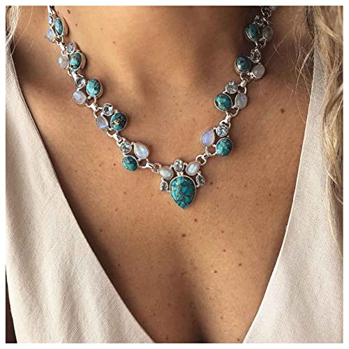 Cimenexe Bohemian Türkis Choker Halskette Wassertropfen Türkis Anhänger Halskette Teardrop Mondstein Halskette Choker Silber Kristall Halskette Kette Blau Naturstein Halskette Schmuck Für Frauen