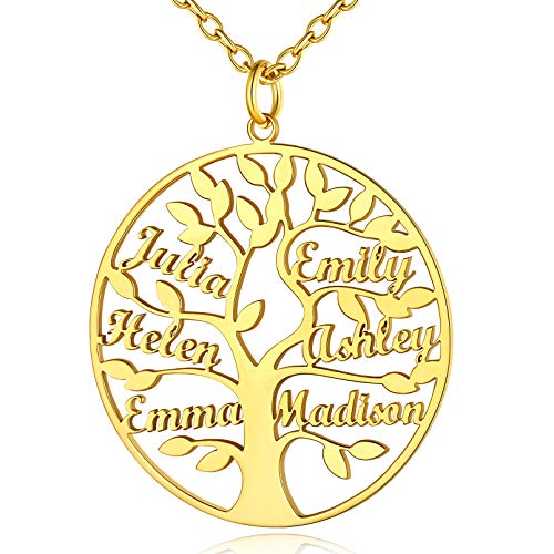 Custom4U Anpassbare Namenskette Gold mit Lebensbaum Anhänger Rund Stammbaum des Lebens Kette mit 6 Namen Gravur Familienskette für Oma Mutter Paar