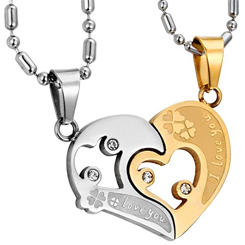 JewelryWe Schmuck Edelstahl Halskette Set, Gold Silber Herz Puzzle Anhänger mit  I Love You  Gravur Partneranhänger Partnerketten 2 Ketten