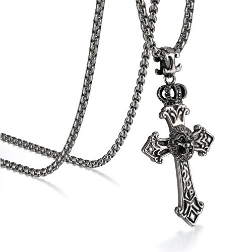 JewelryWe Schmuck Herren Halskette, Edelstahl Löwe Krone Keltisches Kreuz Anhänger mit 56cm Venezianerkette, Biker Kette, Silber