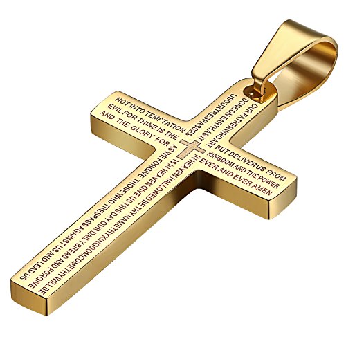 JewelryWe Schmuck Edelstahl Bibel Gebet Kreuz Anhänger mit 54cm Kette, Halskette für Herren Damen, Gold