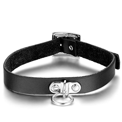 JewelryWe Schmuck Herren Damen Choker Halskette Halsband, Einfach Legierung Ring Kreis Anhänger mit Leder Kette, Schwarz Silber