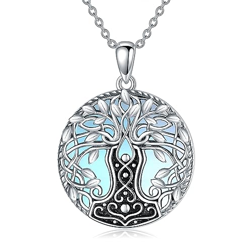 YAFEINI Lebensbaum Mondstein Halskette für Damen Thor Hammer Kette 925 Sterling Silber Nordischer Wikingerschmuck für Mädchen Herren (Mondstein Kette)