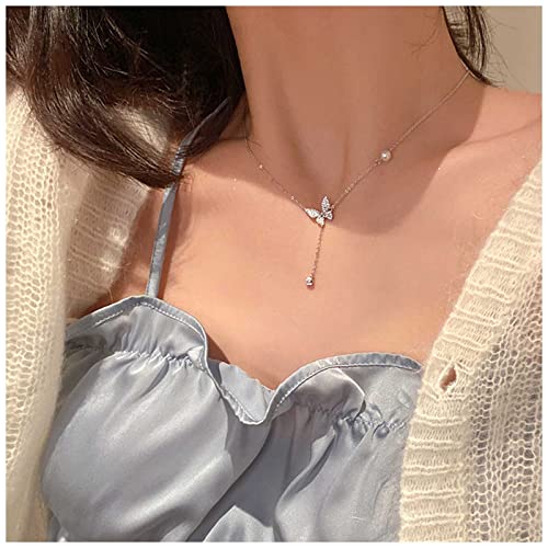 Yienate Boho Schmetterling Y Halskette Kette Vintage Silber Schmetterling Anhänger Halskette Minimalistische Schmetterling Choker Winzige Perle Strass Anhänger Halskette Charme Schmuck Für Frauen