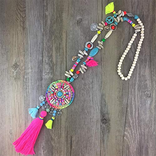 HXSCOO Handgemachte Caki Bunte Quasten-Anhänger-Halskette Boho Bohemiam Lange Fransen-Statement-Maxi-Halsketten for Frauen (Color : Colorful)