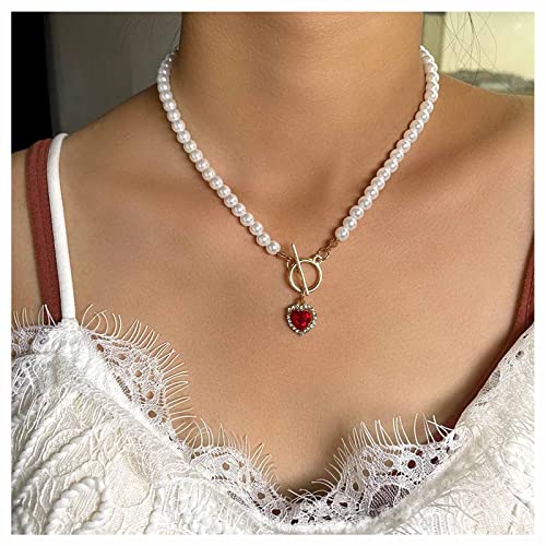 Cimenexe Böhmische Rote Herz Halskette Kette Vintage Perle Choker Halskette Cz Herz Anhänger Halskette Knebelverschluss Halskette Choker Schmuck Für Frauen Und Mädchen