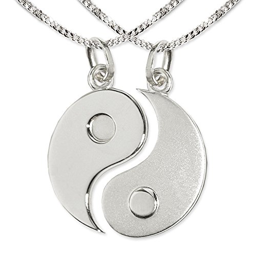 Clever Schmuck Set 2 Silberne große geteilte Partneranhänger Yin Yang Ø 20 mm matt und glänzend mit 2 Ketten Panzer je 50 cm STERLING SILBER 925 im Etui