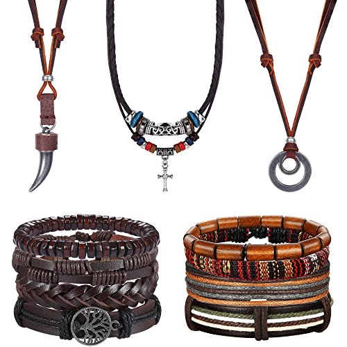 Kakonia 11 Stück Lederarmband Lederkette Herren Damen Schmuck Set Geflochtene Boho Ethnische Wickelarmband Handgefertigte Manschette Verstellbare Armbänder Halskette