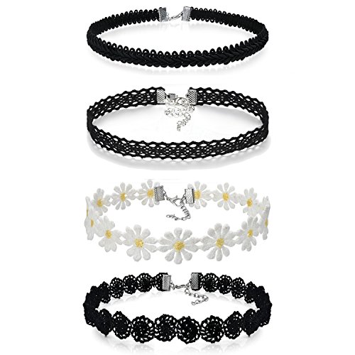 JewelryWe Schmuck 4 Stück Damen Hoker Halskette Set Gothic Tattoo Spitze Choker Ketten Stretch Samt Classic Weiss kleine Daisy Halsband, schwarz, Schwarz