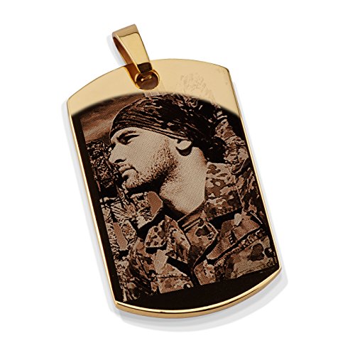 Diamandi Dog-Tag Kette mit Foto-Gravur - Ihr Bild + Text auf den Anhänger der Halskette graviert - Personalisierter Gold Ketten-Anhänger