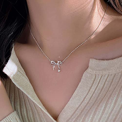 TseenYi Schleife Knoten Halskette Silber Strass Schleife Halskette Rund Kristall Choker Halskette Kleine Schleife Anhänger Halskette Glanz Cz Halskette Kette Schmuck Für Frauen Und Mädchen Geschenke