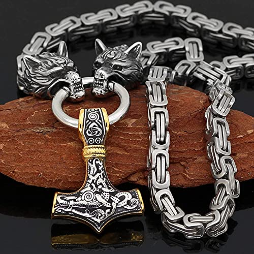 QQTQQ Viking Thors Hammer Halskette, Männer Wolf Kopf Anhänger, Retro nordischen Amulett Schmuck, Edelstahl handgemachte schwere Königskette,Gold+silver-60cm