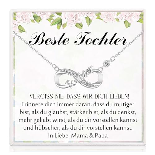 PDTU Geschenk für Tochter, An unsere Tochter Kette Unendlichkeitszeichen mit Gravur, Kette Tochter Geschenke von Mama Papa zum Geburtstag Abschluss Einschulung Weihnachten Hochzeit