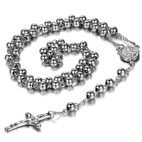 JewelryWe Schmuck Herren Edelstahl Halskette, Rosenkranz Jesus Christus Kruzifix Kreuz Kugelkette Kette, Silber 6mm Breit 75.5cm