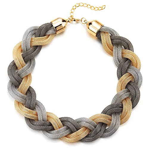 COOLSTEELANDBEYOND Silber Gold Grau Statement Halskette Anhänger, Geflochtene Hohl Kabel Große Lätzchen Halsband Choker, Abschlussball