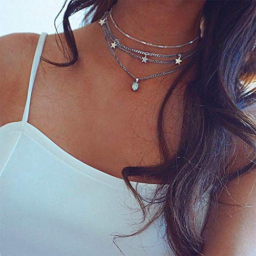 Yienate Bohemia Mehrschichtige Halskette mit Stern-Opal-Anhänger, Boho-Halsketten, Silberkette, Schmuck für Damen und Mädchen, 1 Count (Pack of 1), Metall Silber, Opal