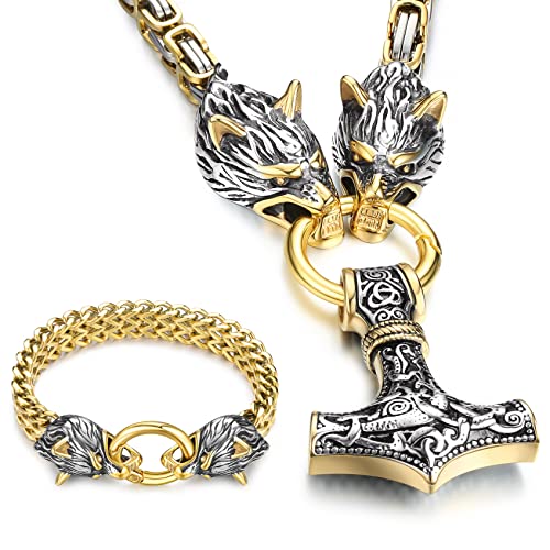 Roheafer Thors Hammer Halskette Herren Silber/Gold Mjölnir Anhänger Wolf Armband Edelstahl Thors Hammer Kette mit Königskette Wikinger Schmuck für Herren Länge 50CM-70CM