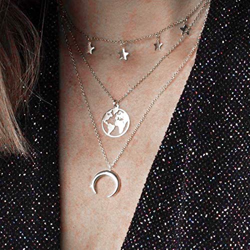 Yienate Mehrschichtige Weltkarte Anhänger Halskette Kette zierliche Stern Choker Halbmond Anhänger Halskette Layered Charm Halskette Schmuck für Frauen und Mädchen (Silber)