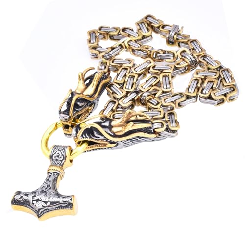 JHBTFQ Drachen Kette Herren mit Thor Hammer Mjölnir Drachenkopf Anhänger Edelstahl Schwer Punk Hip-Hop Wikinger Schmuck Geschenk 40/50/60/70/80/90cm Königskette,Gold silver,60cm