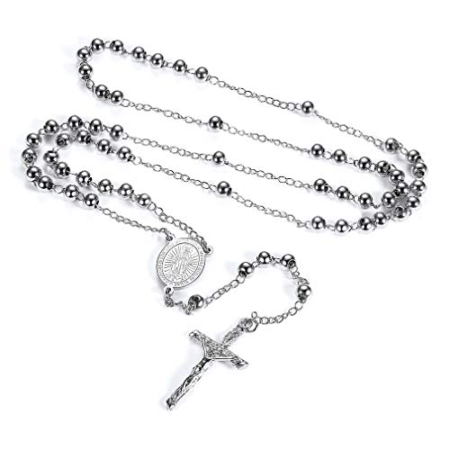 FaithHeart Edelstahl Rosenkranz für Damen und Herren mit Kreuz Anhänger Schutzengel Perlenkranz Silber Kette mit Jungfrau Maria Coins