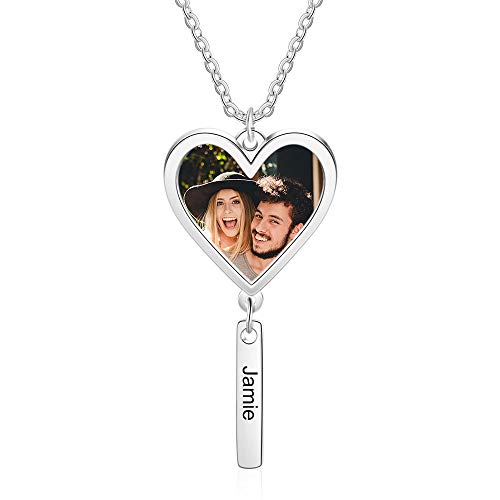 Personalisierte Foto Halskette Silber Kette mit 1 bis 5 Text- und Herzfoto Gravierter Anhänger für Mutter Tochter-Geschenk für Muttertag Valentinstag Weihnachten (1 Name)