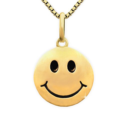 CLEVER SCHMUCK Set Vergoldeter Anhänger Ø 12 mm Smiley seidenmatt, Augen und Mund schwarz lackiert Sterling Silber 925 Gold-plattiert und vergoldeter Kette Venezia 45 cm im Etui Sand