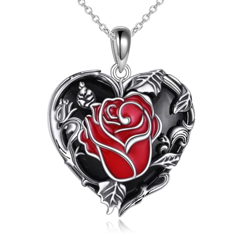 YAFEINI Herz Kette Rose Blume Anhänger 925 Sterling Silber Schwarz Onyx Halskette Schmuck Geschenke für Damen Mama