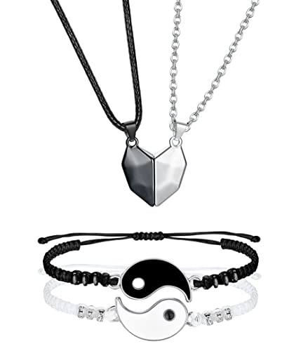 KALVICA 4 Stück Herz Puzzle Anhänger Halskette für Herren Damen Yin Yang Paar Halskette Armband Set Magnet Paar Attraction Halskette Geschenk für Weihnachten Valentinstag