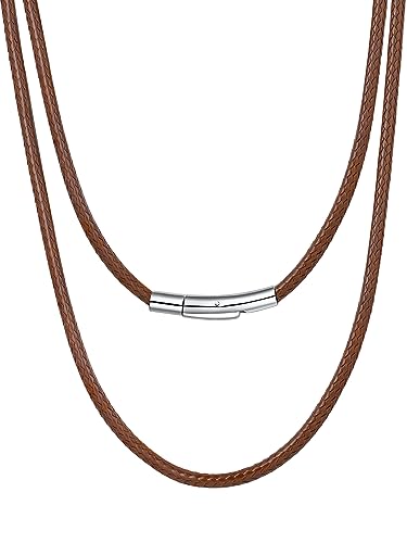 Bestyle Lederkette geflochten 3mm Herren Wachsschnur Kette 61cm lang Collier Halsreif Braune Halskette mit Edelstahl Hebelverschluss Modernes Kautschukseil für Männer Jungen Frauen