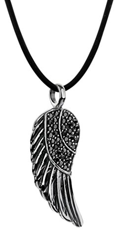 Nenalina Damen Halskette aus Kautschuk mit Engelsflügel Anhänger, Kautschukkette für Frauen mit Flügel und Zirkonia schwarz, Damen-Kette mit 925 Sterling Silber Verschluss, Länge 42cm