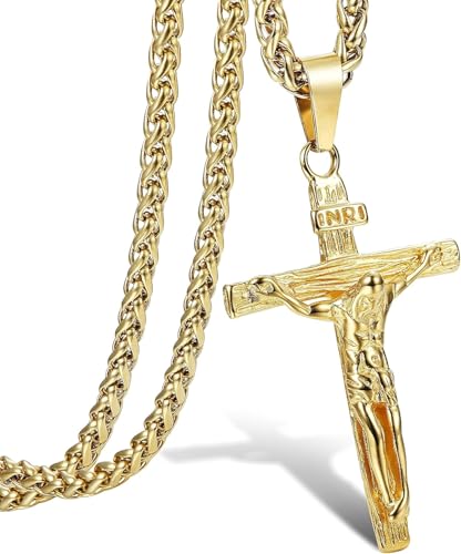 JeweBella Kreuz Halskette Herren Edelstahl Jesus Kruzifix Anhänger Halskette mit venezianischer Kette 61 cm Silber/Gold/Schwarz Religiöser Schmuck Geschenk