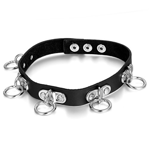 JewelryWe Schmuck Damen Choker Halskette, Gothic Kreis Rund O-Ring Verstellbaren Punk Rock Leder Kette Halsband Geschenke für Frauen Männer, Schwarz Silber