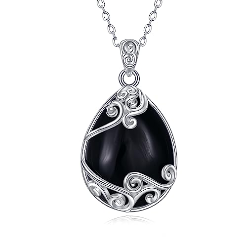 YAFEINI 925 Sterling Silber Schwarzer Onyx Kette Halskette Filigraner Träne Anhänger Schwarzer Onyx Schmuck für Damen Mädchen (O-Schwarzer Onyx Filigrane Kette)