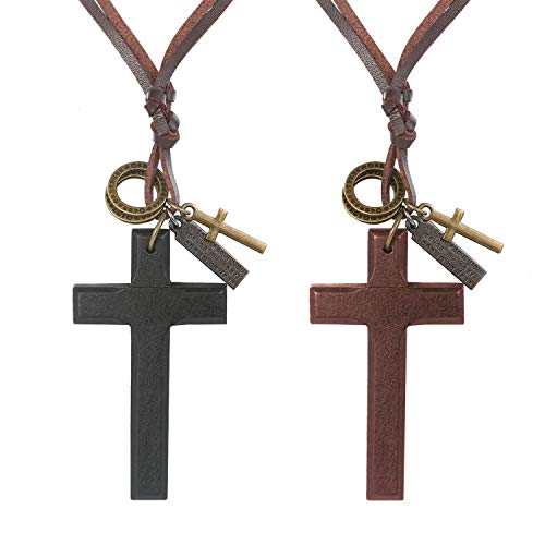 JewelryWe Schmuck 2pcs Herren Leder Kette Vintage Holzkreuz Schrift Tag Ringe Kreuz Anhänger verstellbare Lange Halskette Lederkette Schwarz Braun