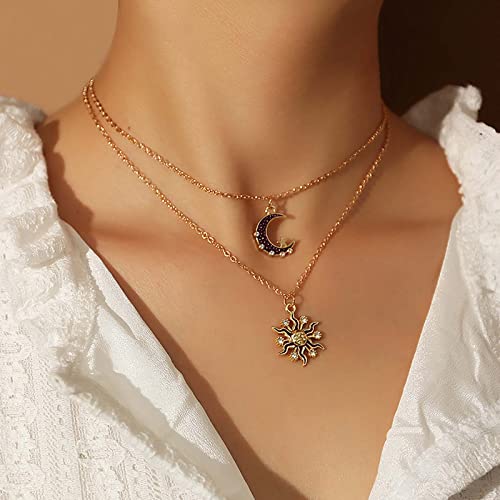 Cimenexe Bohemian Layered Sun Anhänger Halskette Star Moon Choker Halskette Crystal Moon Halskette Gold Cz Sunburst Halskette Kette Crescent Moon Halskette Schmuck für Frauen und Mädchen